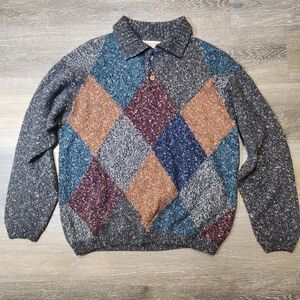 Vintage 80s Designer Wool Men's Argyle Sweater - Gray, Brown, Blue Made In Italy